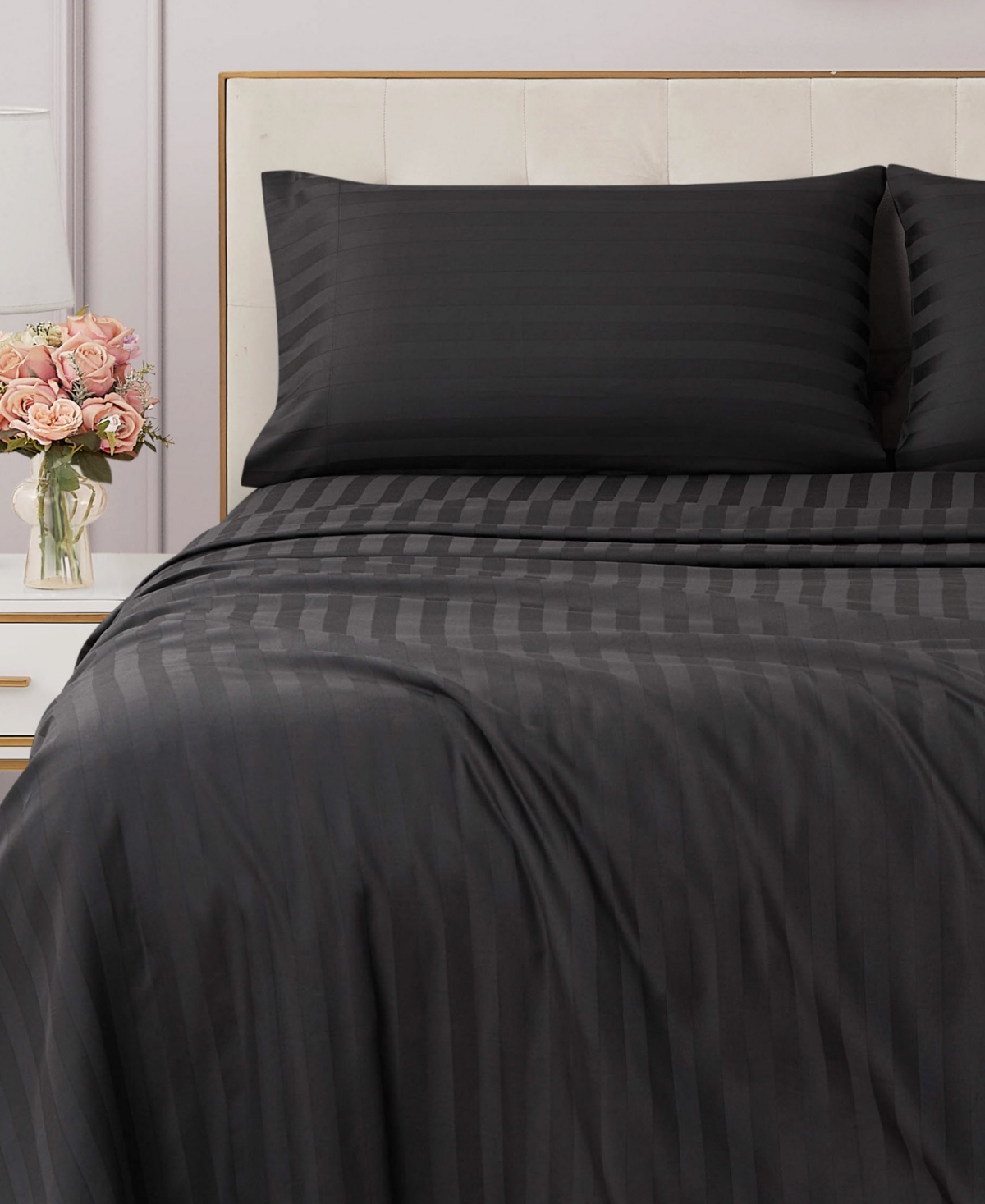 Juicy Couture Royal Dreams Damask Stripe 300-thread Count Sateen Cotton 4-pc. Sheet Set, King In Jet Black