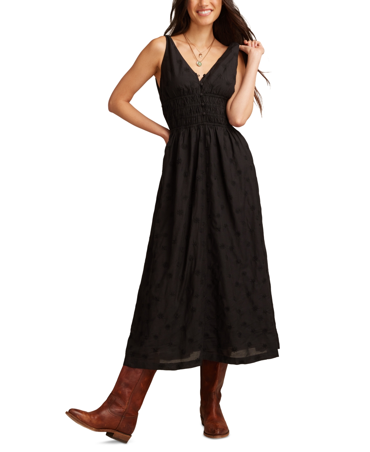 Lucky Brand Women's Cotton V-neck Smocked-waist Midi Dress