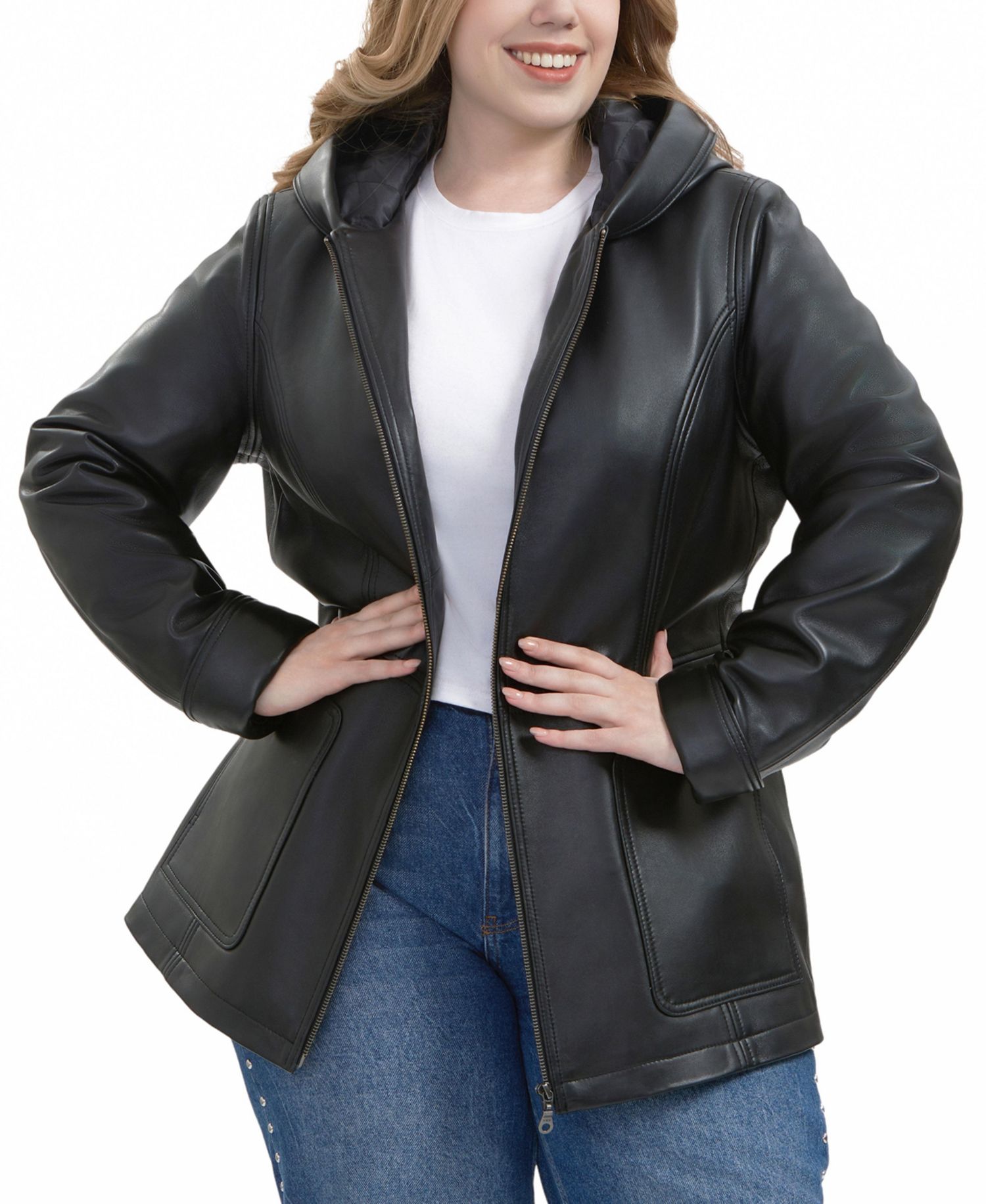 Plus Size Cara Hooded Leather Coat