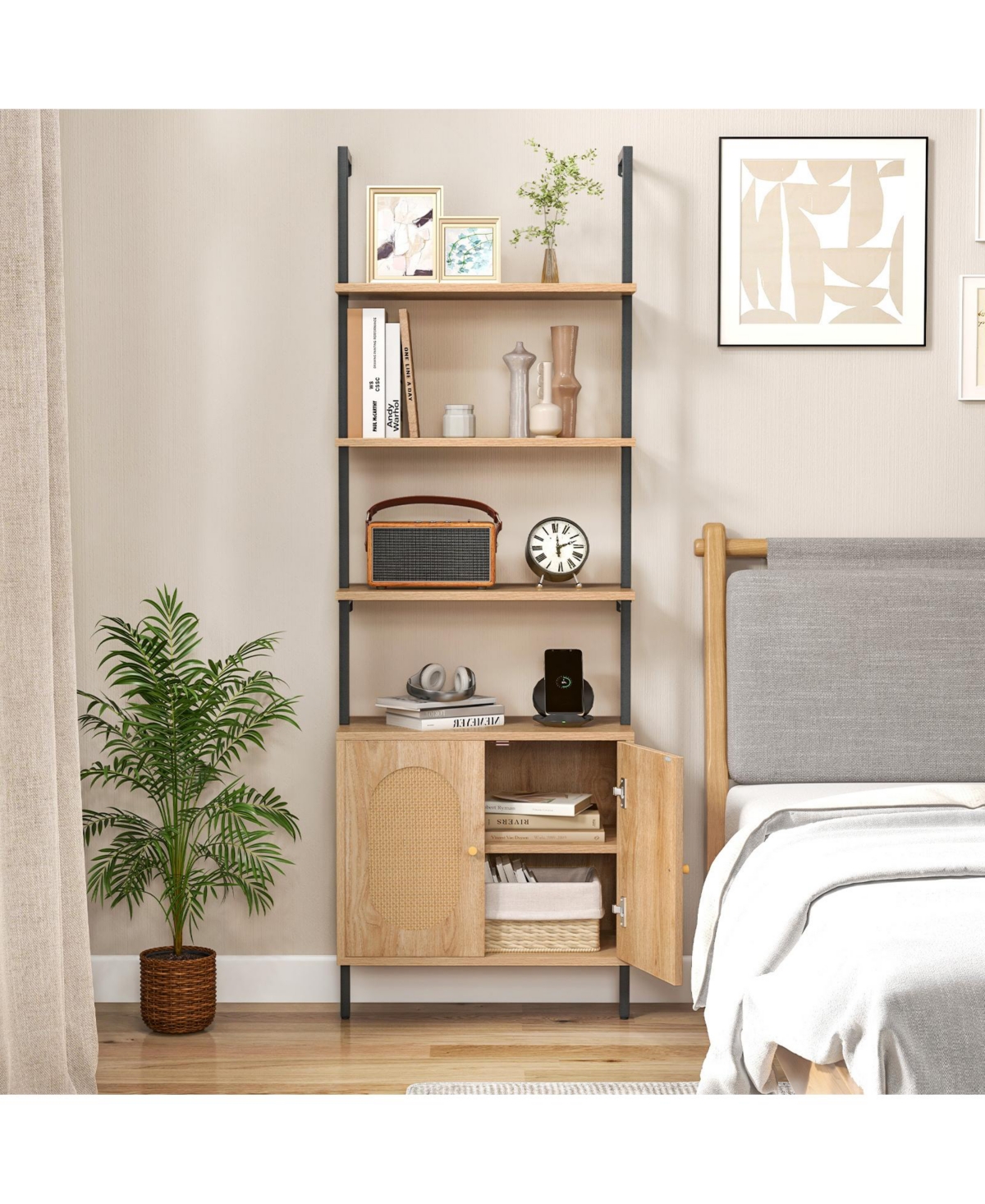 71 Inch 6-Tier Wall Mounted Ladder Bookshelf with Rattan Cabinet-Natural