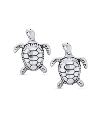 Set of 2 Hawaiian Sea Tortoise & Dolphin Stud Earrings in Sterling Silver