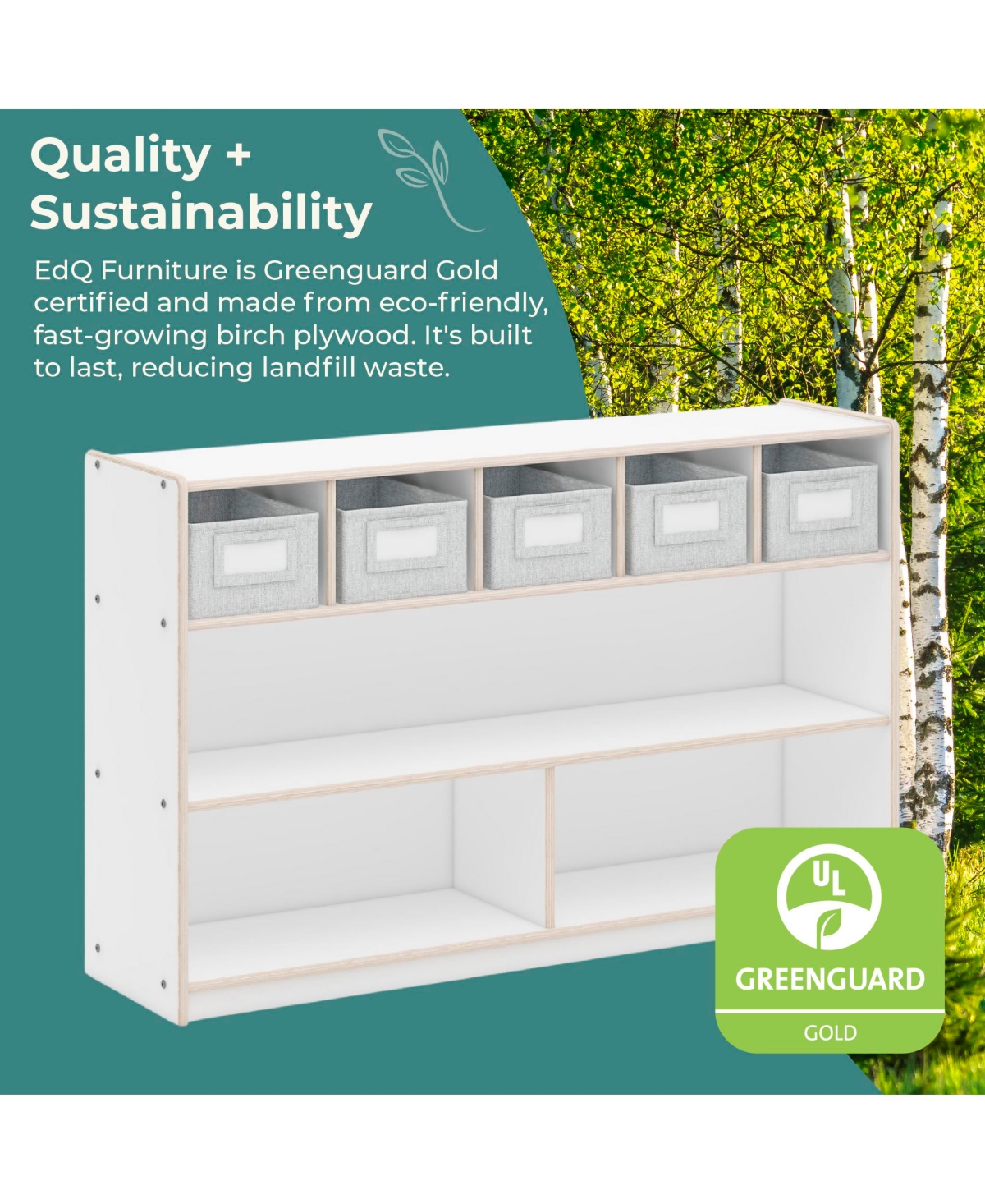 Guidecraft EdQ Shelves and 5 Bin Storage Unit 30" - Natural: Children's Wooden Toy Storage Organizer for Kids' Bedrooms and Playrooms