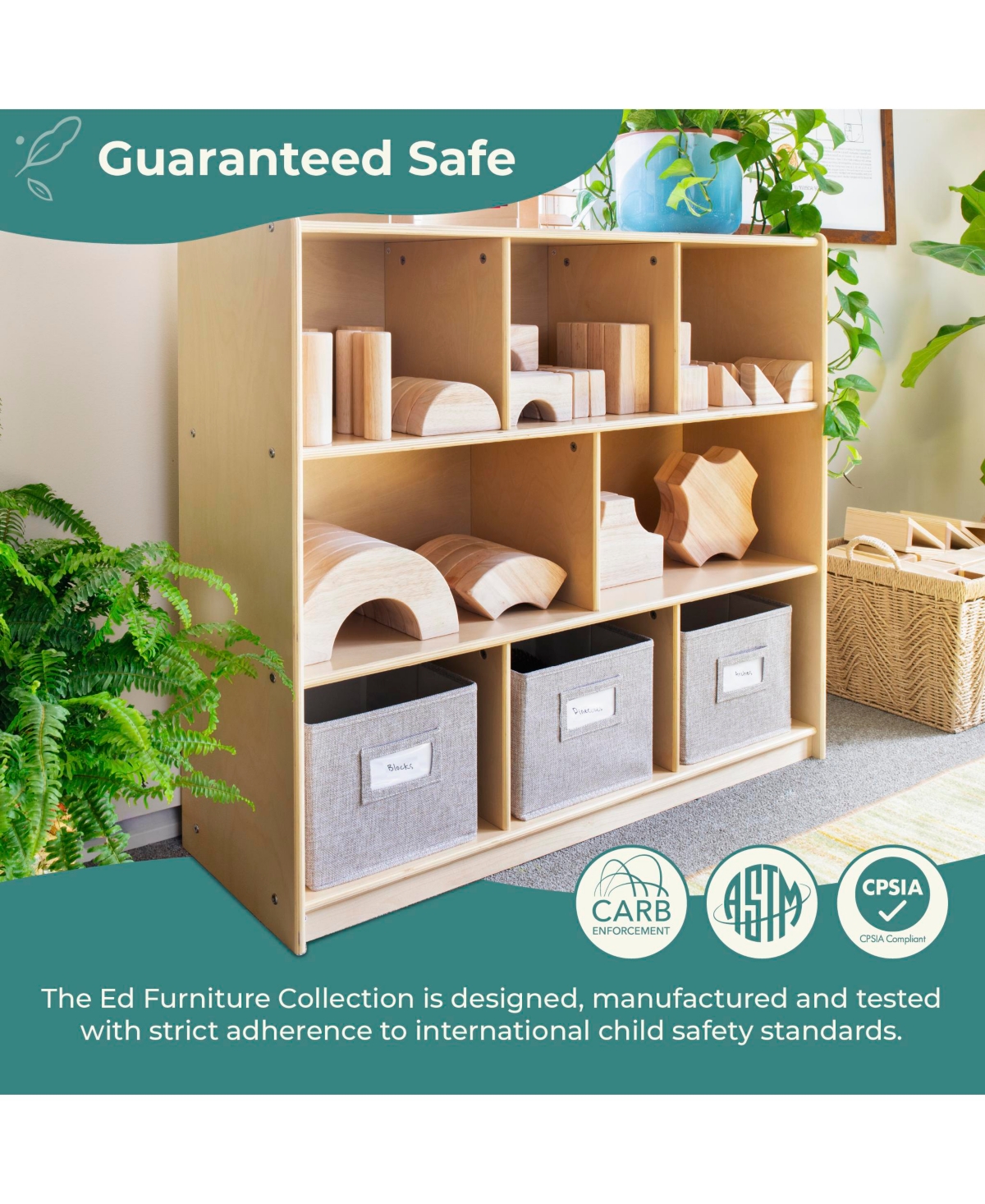 Guidecraft EdQ 3-Shelf 8-Compartment Storage 36" - Natural: Kids' Wooden Cubby Cube Bookshelf with Bins for Toys and School Supplies