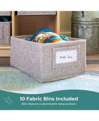 EdQ Shelves and 10 Bin Storage Unit 30" Natural: Wooden Bookcase with Compartments for Kids' Toys and Books in Playroom