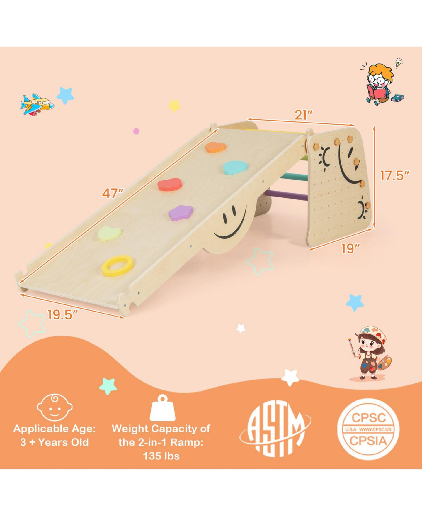 Детские фигурки GOUUN Wooden Climbing Toy Triangle Climber Set with Seesaw-Multicolor, цвет: Натуральный — фото 10