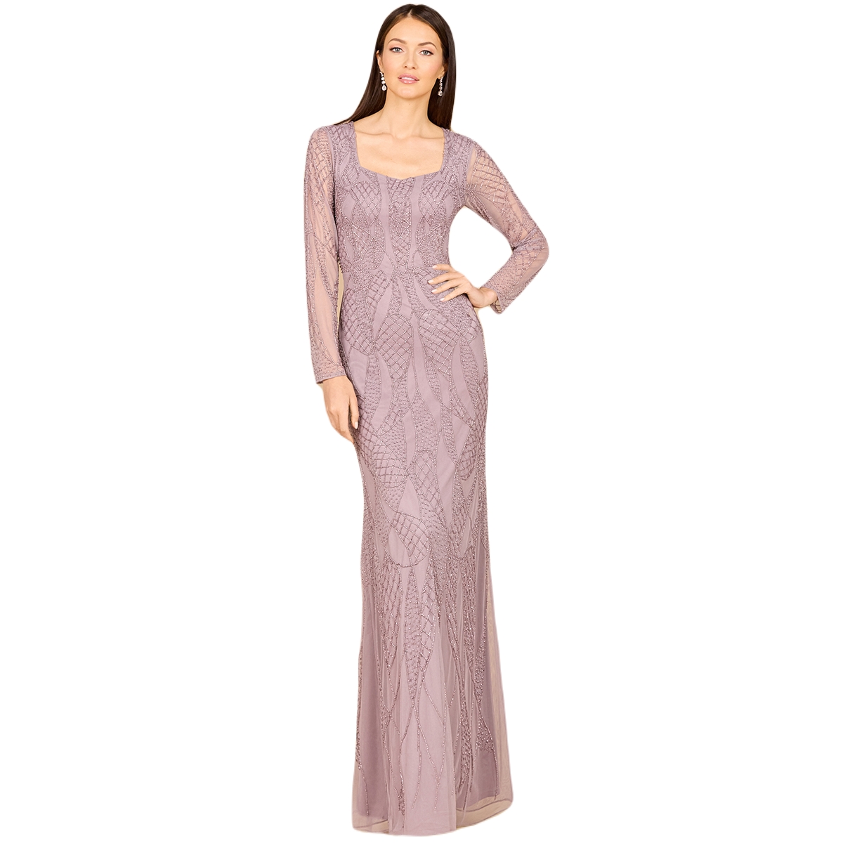 Women's V Neck Beaded Long Sleeve Dress - Dusty periwinkle