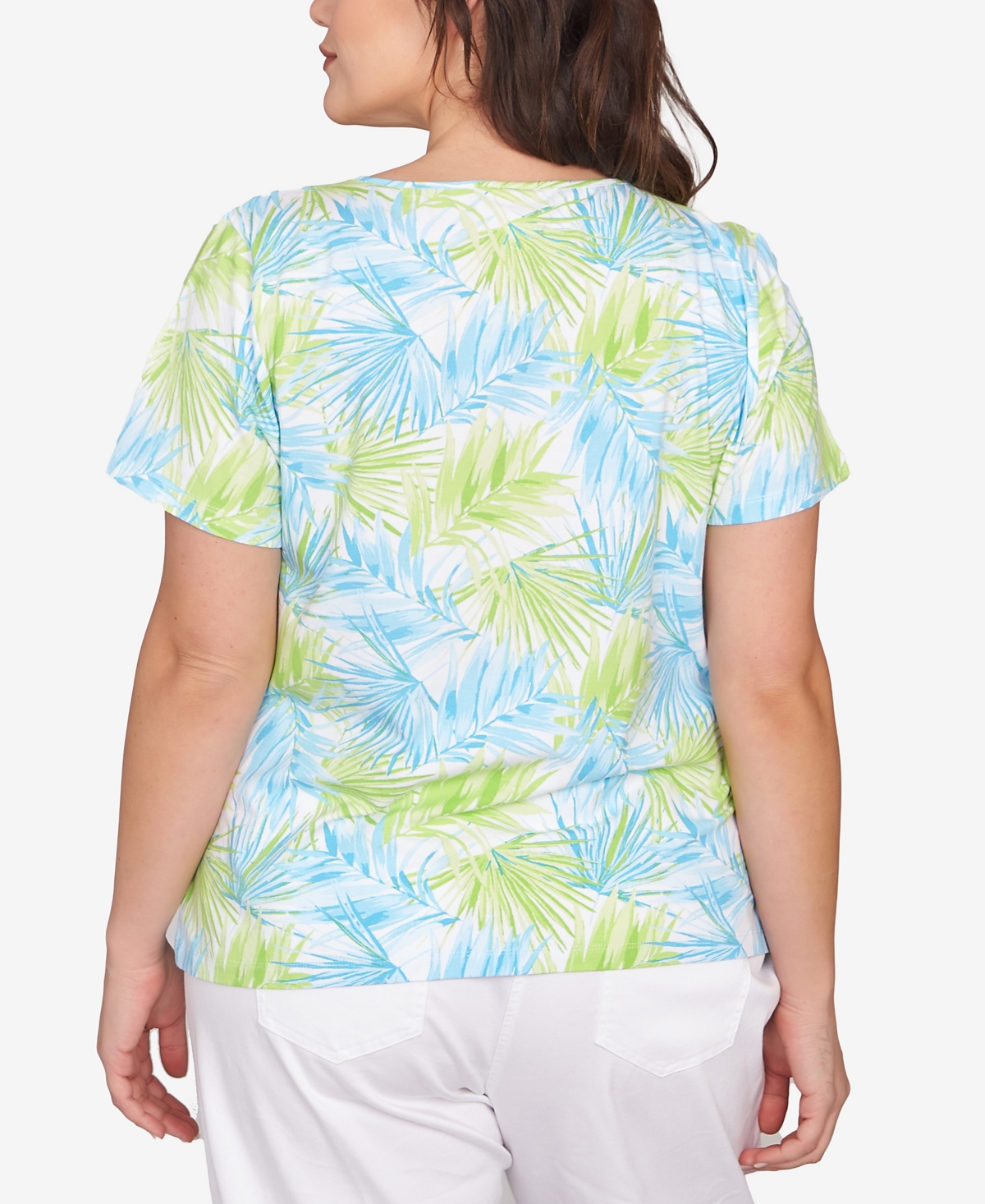 Hearts Of Palm Plus Size Short Sleeve Leaf Print Top In Bright Green Multi