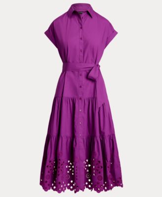 POLO RALPH LAUREN シルク　プリーツスカート　パープルドレス Lauren Ralph Lauren Women's Eyelet Broadcloth Tiered Shirtdress