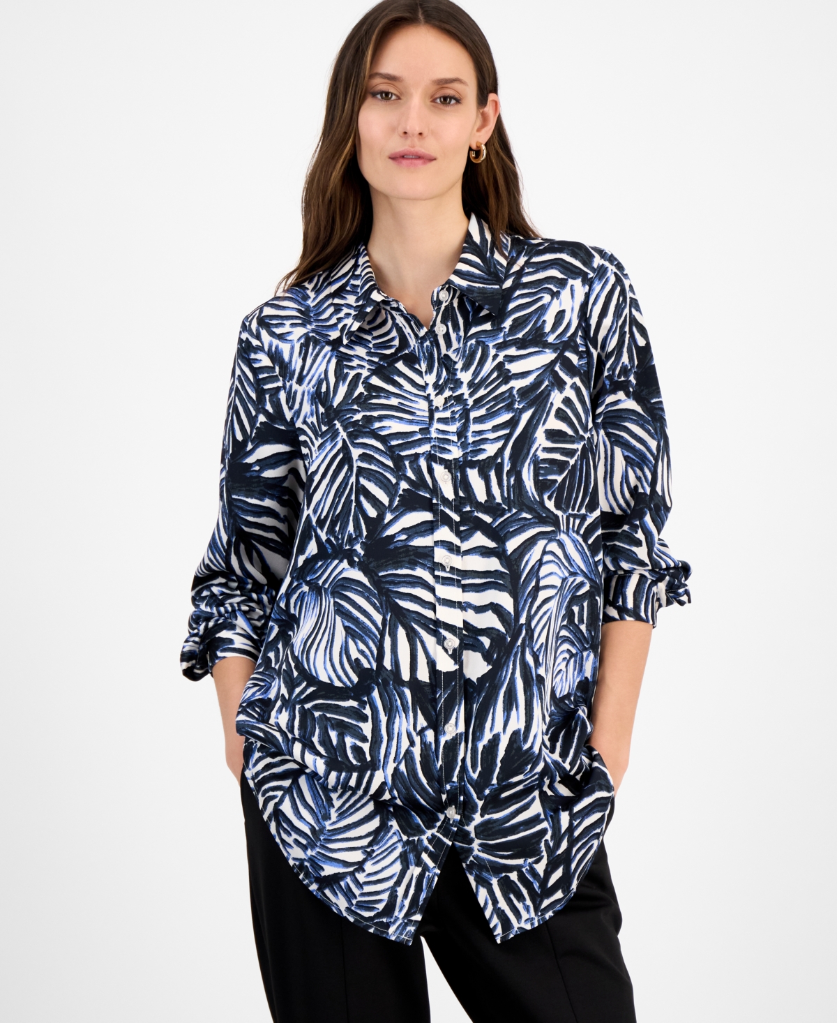 Women's Printed Button-Front Blouse - Navy Palm