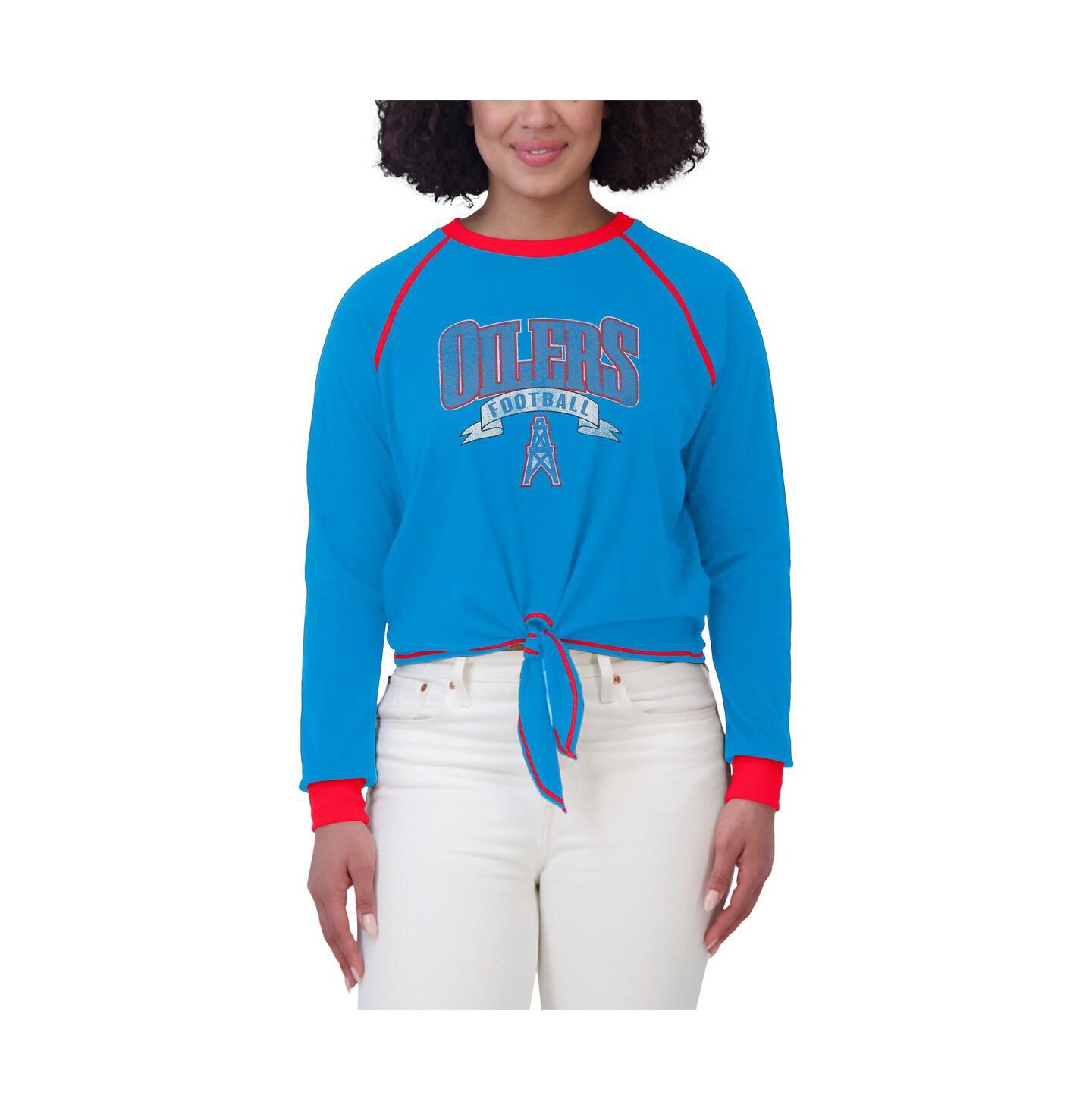 Женский топ WEAR by Erin Andrews Light Blue/Red Houston Oilers Tie-Front Long Sleeve — фото 4