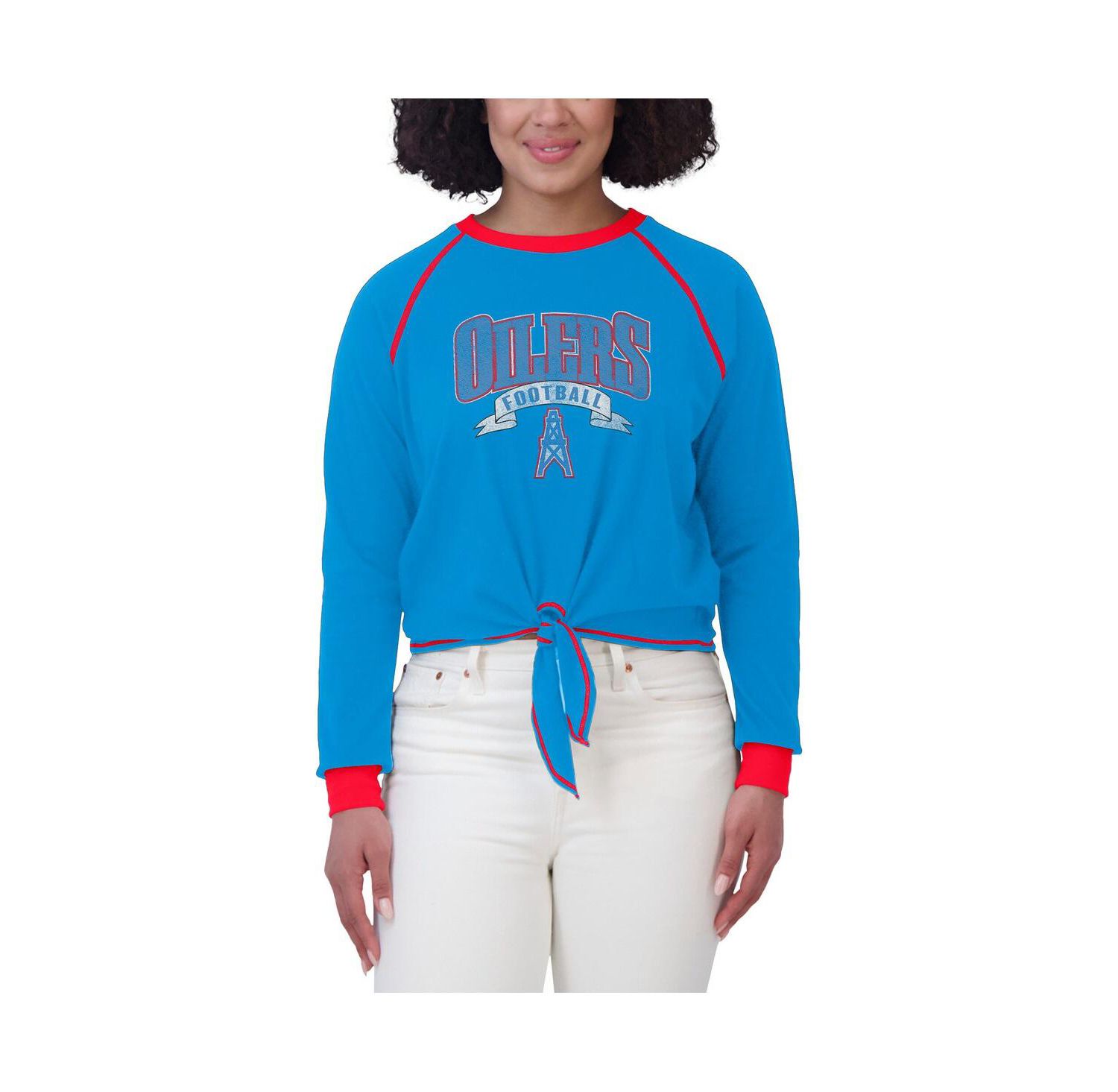 Women's Light Blue/Red Houston Oilers Tie-Front Long Sleeve Top