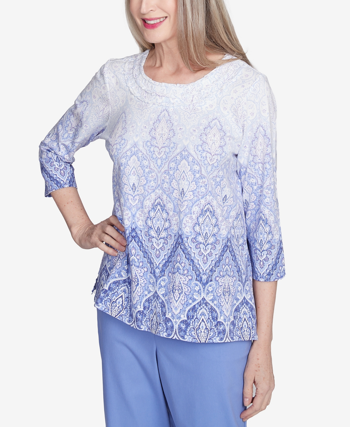 Alfred Dunner Plus Size Santa Fe Ombre Medallion Crew Neck Printed Top In Iris