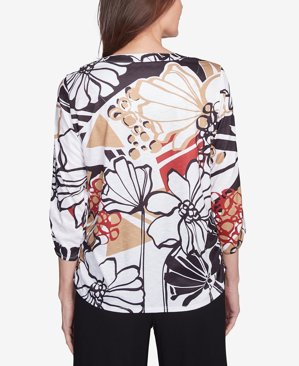Alfred Dunner Petite Bold Floral Illustrated Henley Top In Neutral Multi