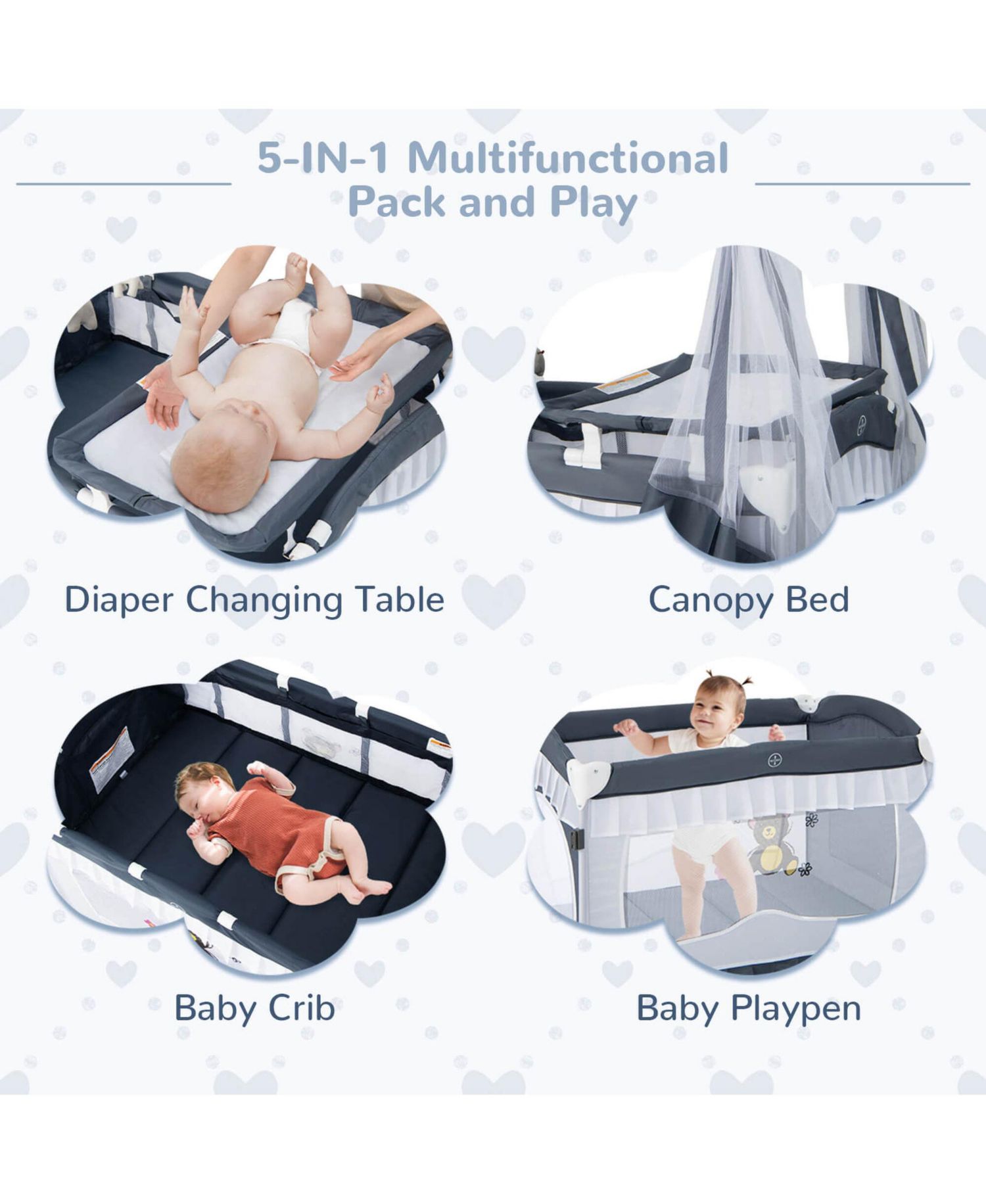 4 in 1 Portable Baby Playard Crib Bassinet Bed Changing Table Canopy