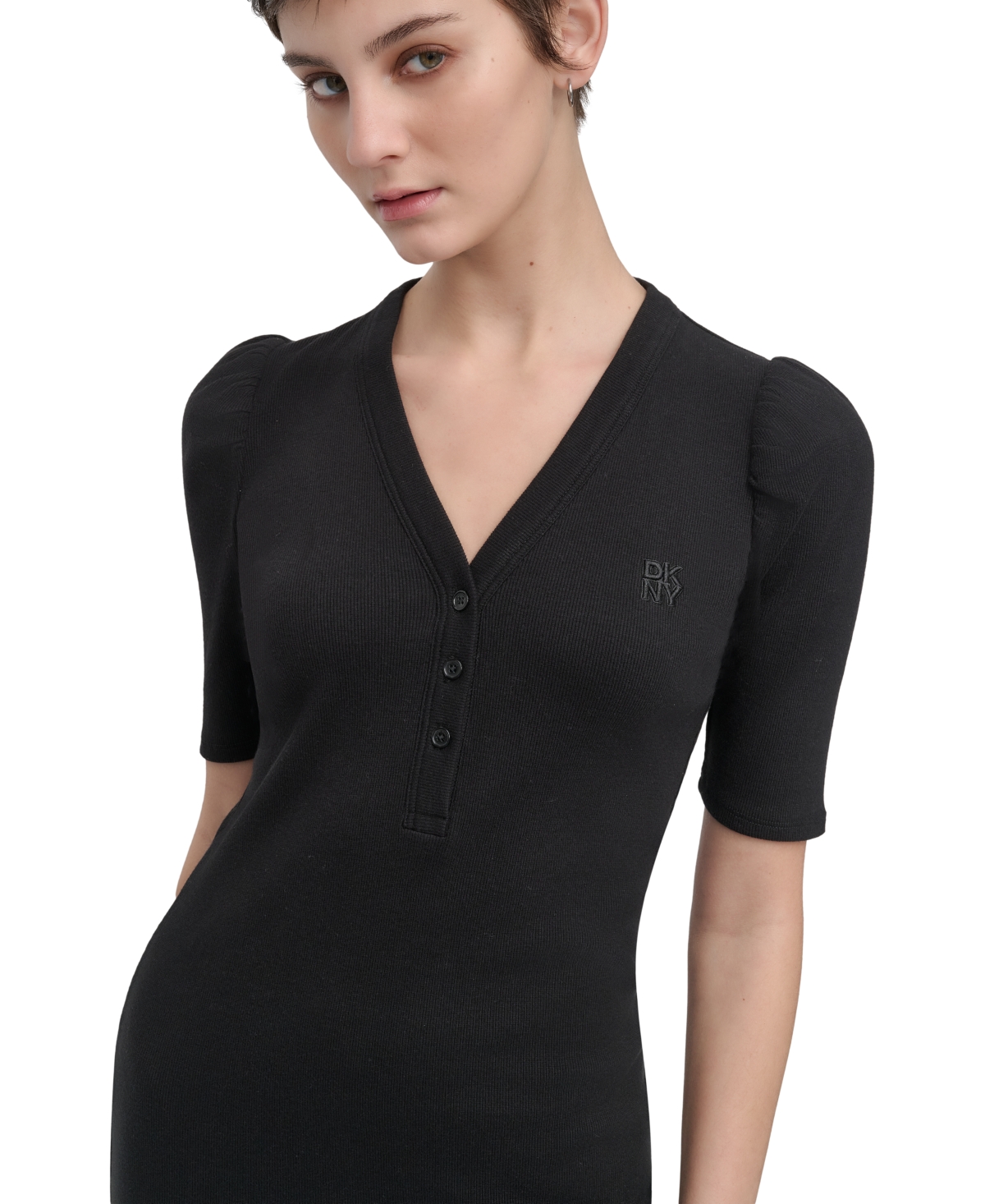 DKNY JEANS WOMEN'S PUFF-SLEEVE HENLEY MIDI DRESS 