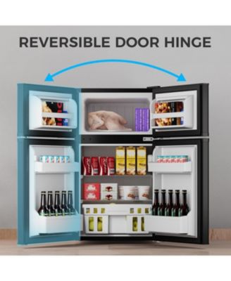 3.2 cubic foot mini fridge with separate freezer compartment and double door design is perfect for a basement, apartment, dorm room or office