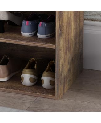 Shoe bench with shelves, natural wooden shoe rack with 3 storage compartments, Entryway Bench