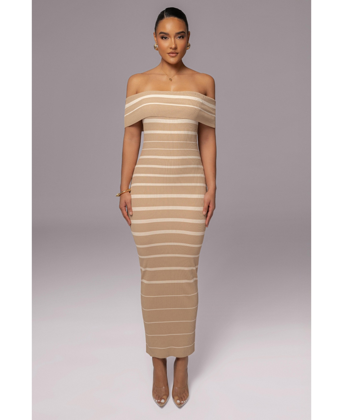 Women's Off The Shoulder Striped Dress - Beige