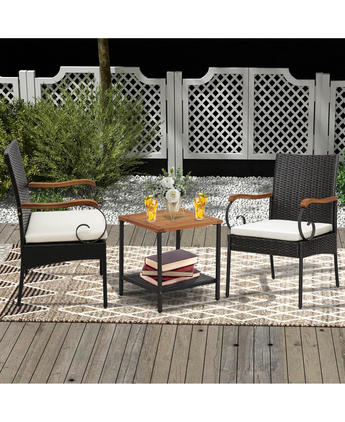 2PCS Patio Pe Wicker Chairs Acacia Wood Armrests withSoft Zippered Cushion Garden