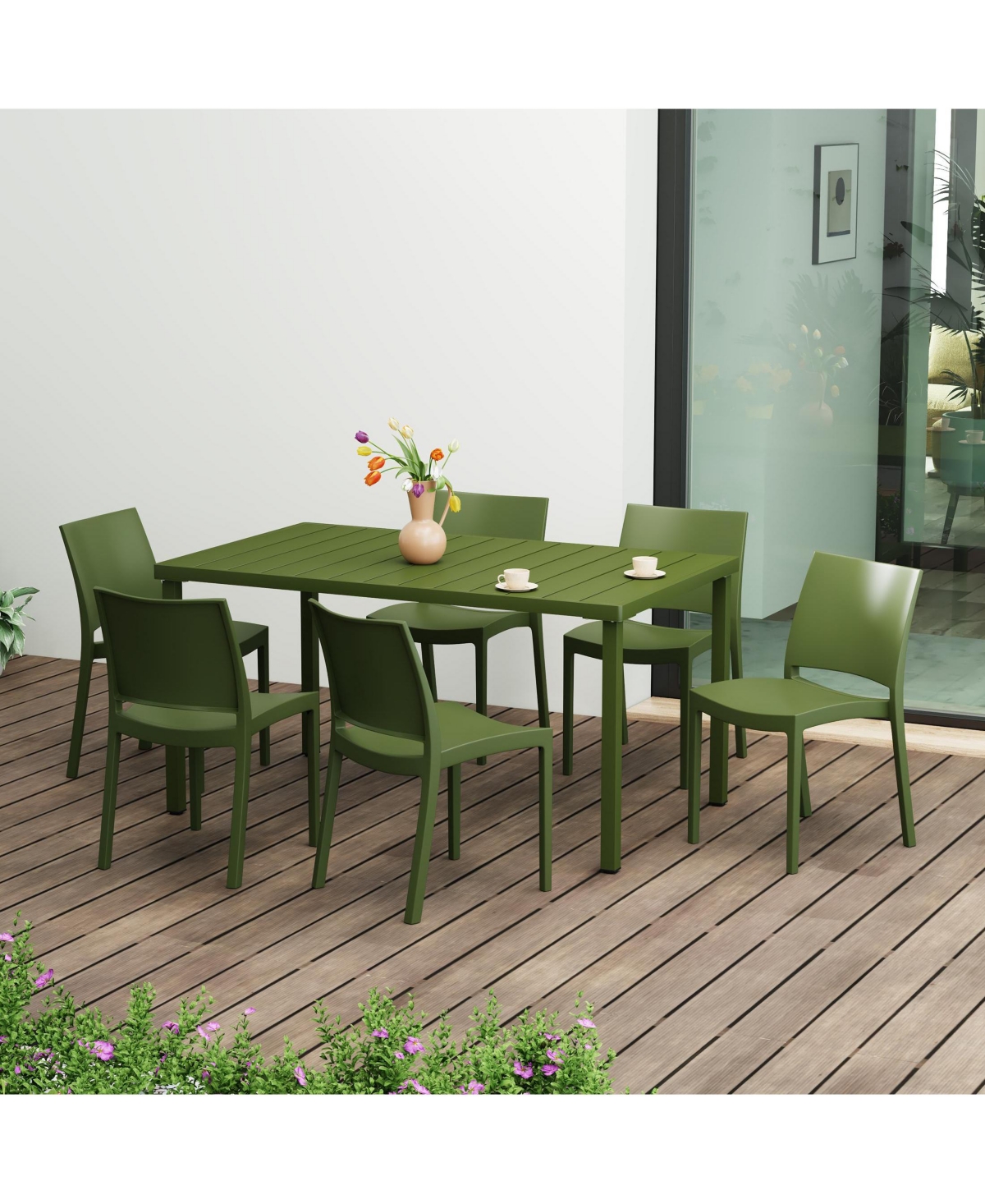 7-Piece Outdoor Rectangular Metal Patio Dining Table Set With Stackable Resin Side Chairs