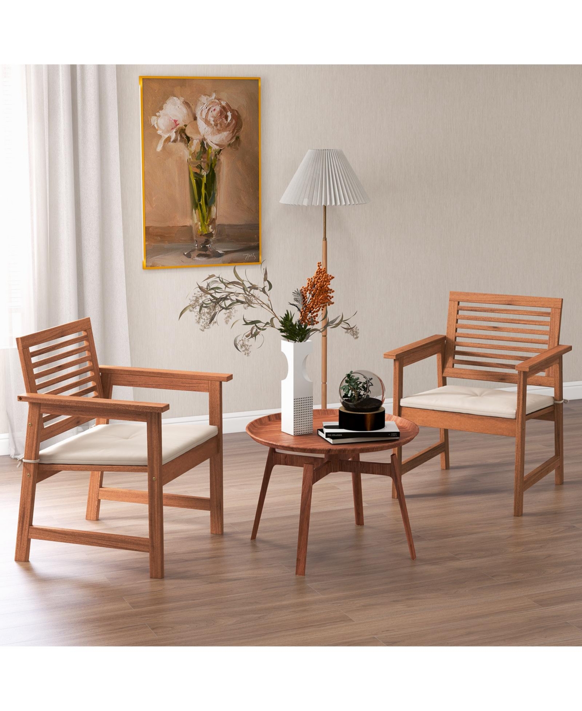 Set of Outdoor Dining Chair Patio Solid Wood Chairs with Comfortable Cushions