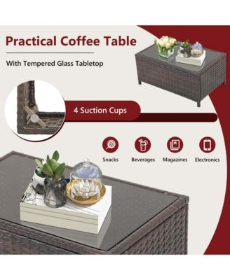 2PCS Patio Rattan Furniture Set Cushioned Loveseat Table Garden Deck