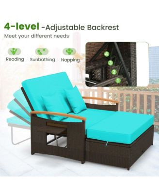 Patio Rattan Daybed Set with Cushioned Loveseat & Storage Ottoman for Porch