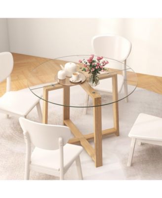 Round Glass Dining Table with Tempered Glass Tabletop and Rubber Wood Legs