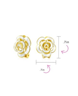 Set of 2 Enamel 3D White Blue Rose Flower Clip-On Earrings Gold Silver Plated