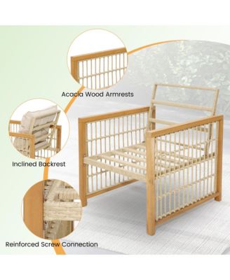 3PCS Patio Acacia Wood PE Wicker Furniture Set w/ Soft Seat & Back Cushions