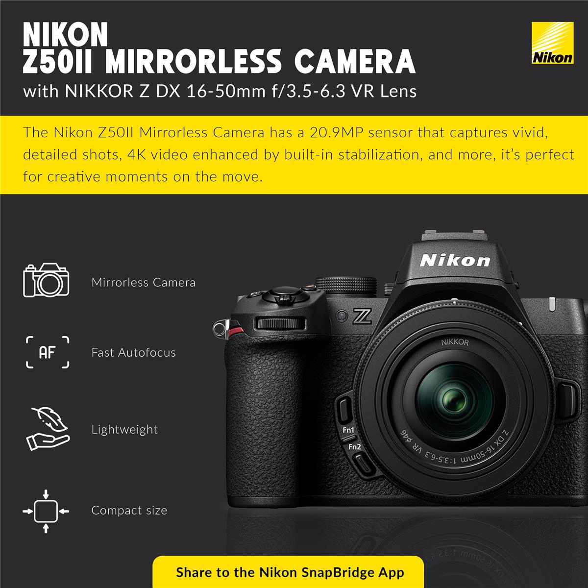 Nikon Z50II Mirrorless Camera with Nikkor Z Dx 16-50mm f/3.5-6.3 Vr Lens, Bundle with 128GB Memory Card, 46mm Filter Kit and Bag