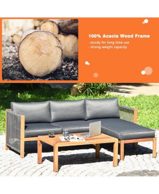 3PCS Patio Sofa Furniture Set Thick Cushion Acacia Wood