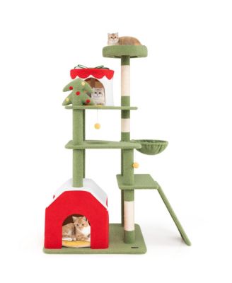 61'' Tall Christmas Cat Tree w/ Sisal Scratching Posts Plush Perch & 2 Condos