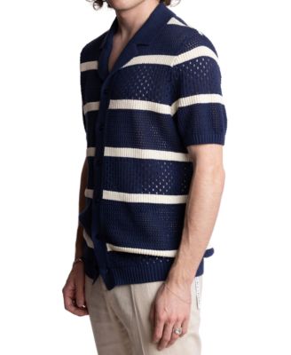 Men's Slim Fit Short Sleeve Striped Crochet Cardigan Sweater