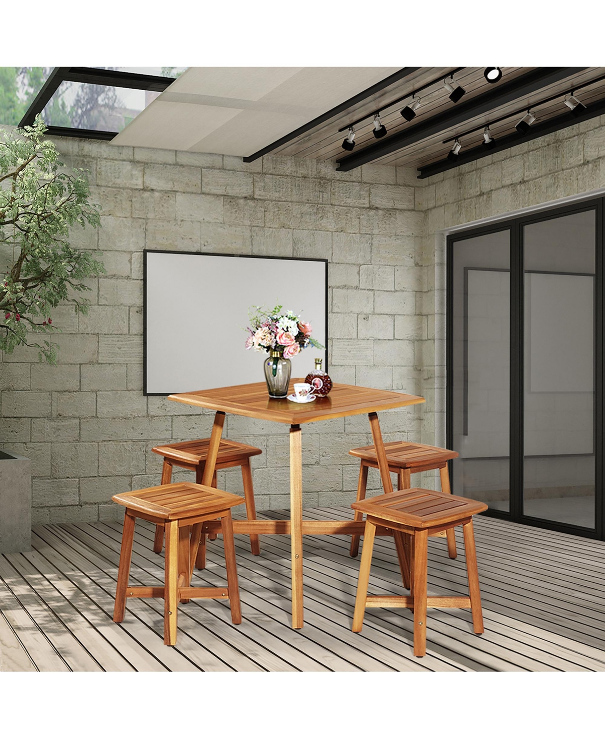 5PCS Acacia Patio Dining Set W/Square Table & 4 Stools Reddish