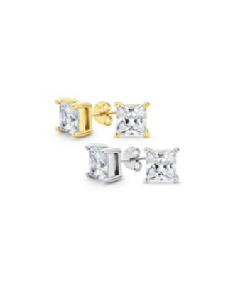 Set of 2 Square Princess CZ Stud Earrings Silver Gold Sterling Silver