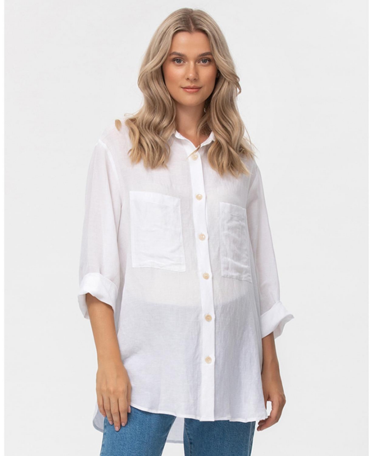 Maternity Oversized Linen Blend Button-Front Lisa Shirt - Cream white