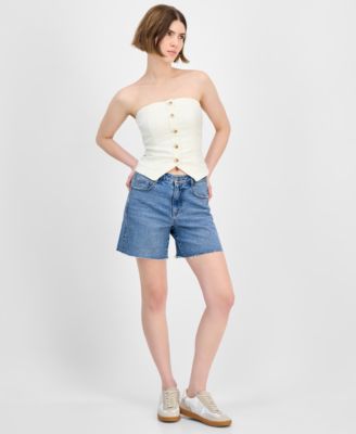 Women's Button-Front Smocked-Back Denim Tube Top, Exclusively at Macy's 