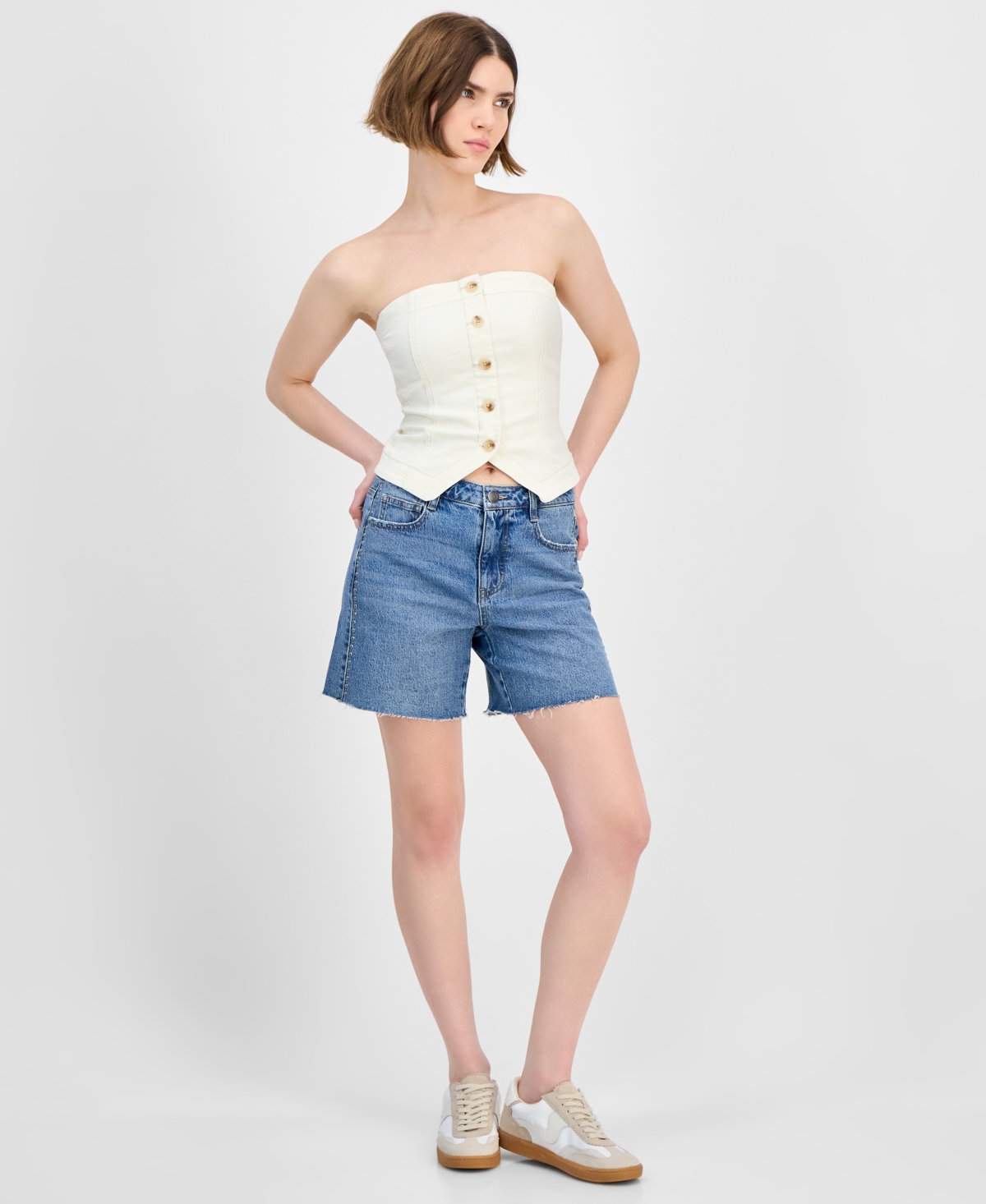 And Now This Women's Button-front Smocked-back Denim Tube Top, Exclusively At Macy's