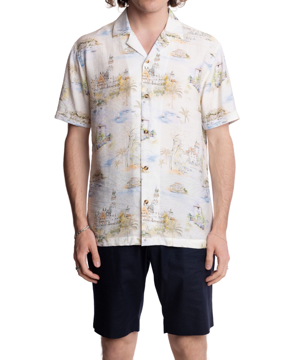 Men's Slim Fit Short Sleeve Scenic Print Button Front Camp Shirt - White Summer Island