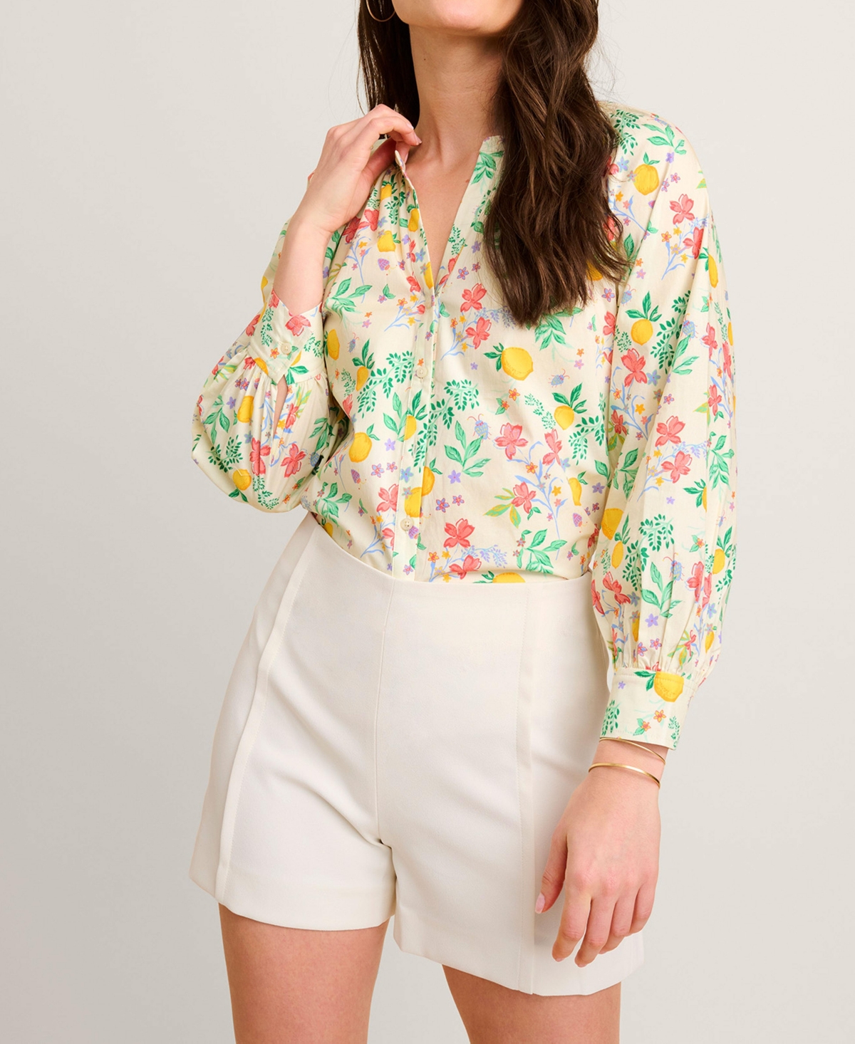 Women's Stretch Cotton Lemon Print Carrie Shirt - White
