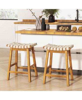 Woven Saddle Stools Set of 2 25.5'' Faux PU Leather Counter Height Kitchen Stool