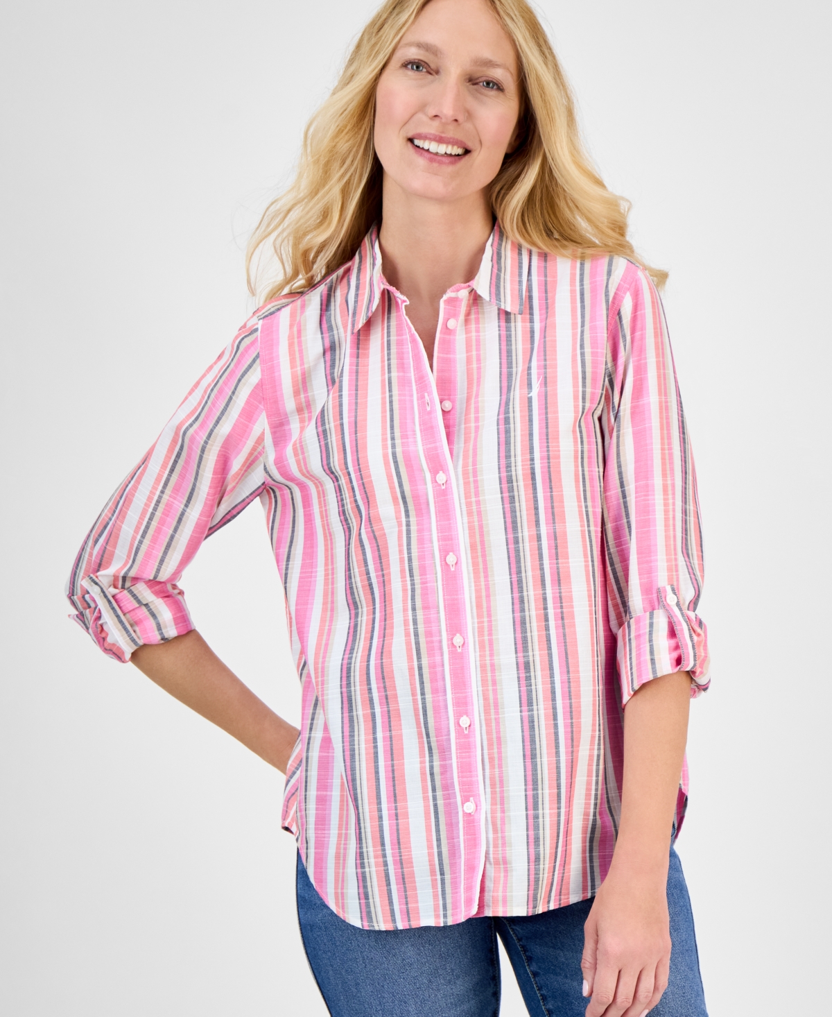 Women's Striped Roll-Tab Button Shirt - Hot Pink Multi