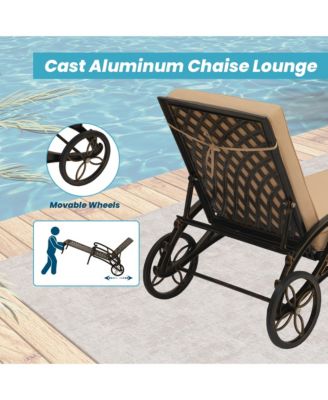 Outdoor Cast Aluminum Chaise Lounge Chair with Wheel and Cushion