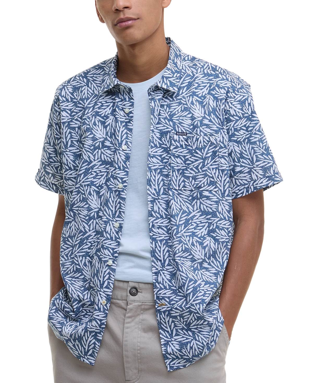 Men's Jackstone Short Sleeve Button-Front Leaf Print Shirt - Dark Denim
