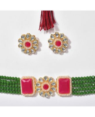 Women's Gold Plated Kundan Beaded Jewellery Set
