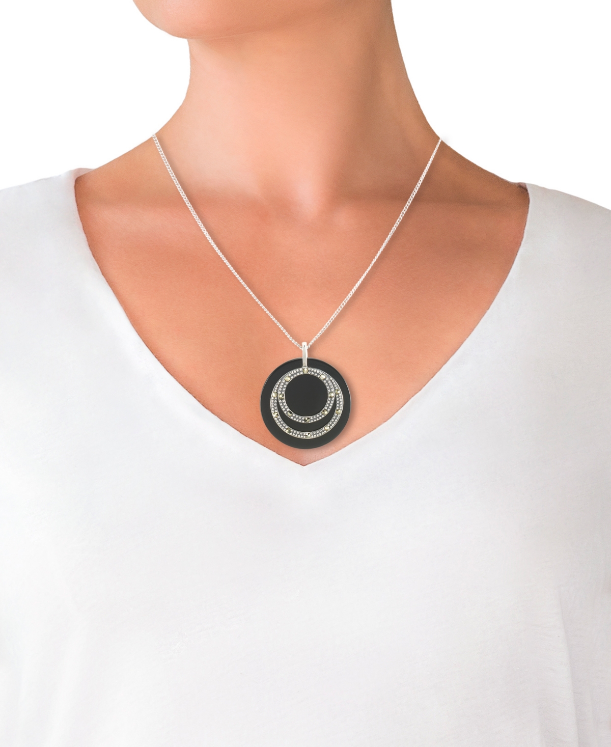 Shop Macy's Onyx & Marcasite Circle Disc 18" Pendant Necklace In Sterling Silver