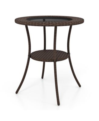 Round Rattan Wicker Coffee Table Glass Top Steel Frame Patio Furni W/Lower Shelf