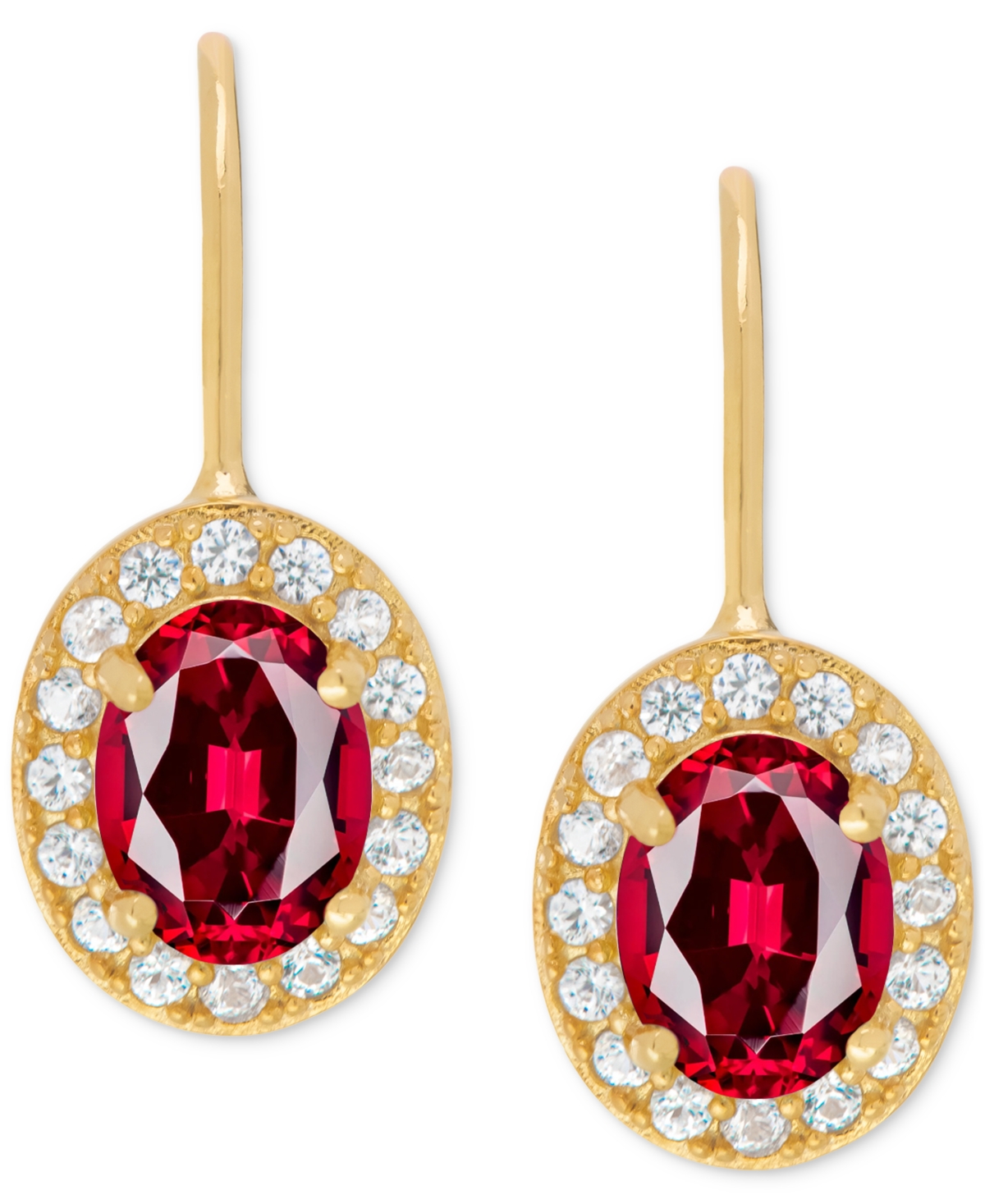 Lab Grown Ruby (2 ct. t.w.) & Lab Grown White Sapphire (1/3 ct. t.w.) Leverback Oval Drop Earrings in 14K Gold-Plated Sterling Silver - Ruby