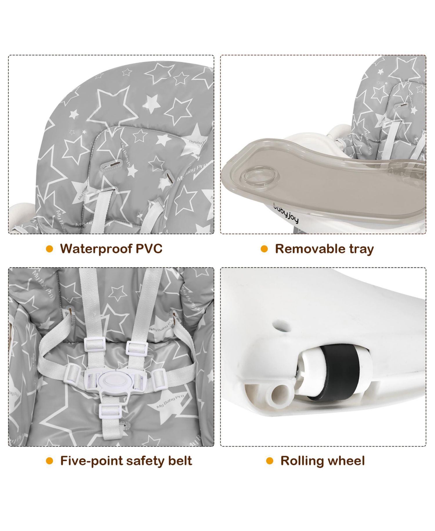 Toddler Folding High Chair Dining Chair w/ 6-Level Height Adjustment